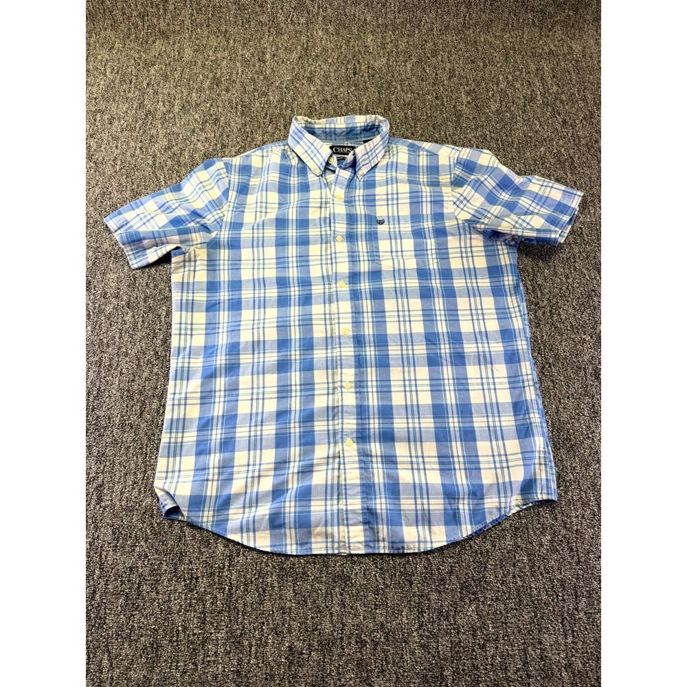 Chaps Shirt Mens Large Blue White Plaid Cotton Easy Care Embroidered Button Down
